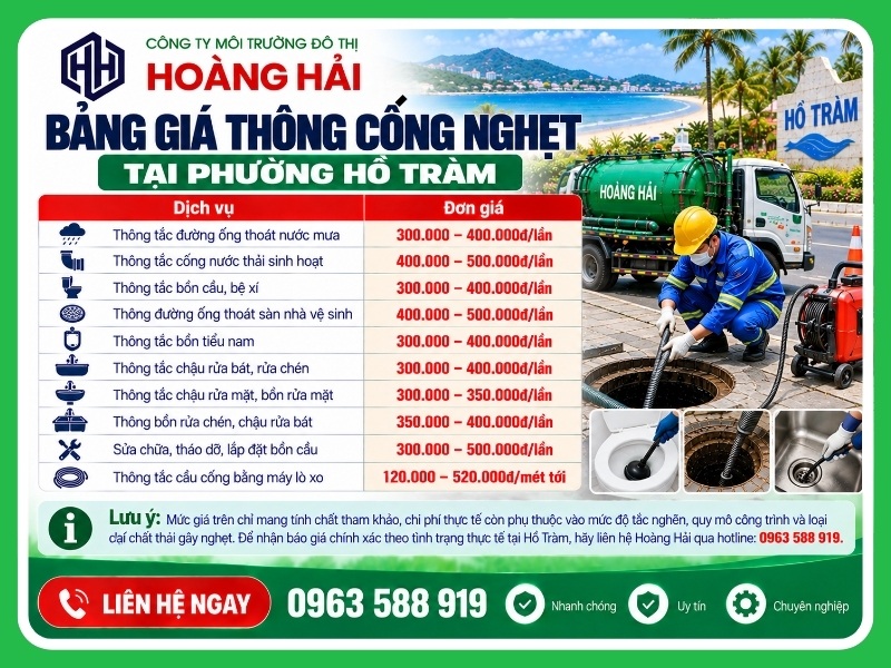 Bảng giá thông cống nghẹt tại Phường Hồ Tràm mới nhất