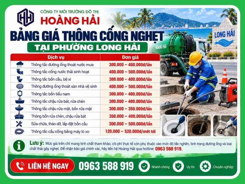 Bảng giá thông cống nghẹt tại phường Long Hải mới nhất 