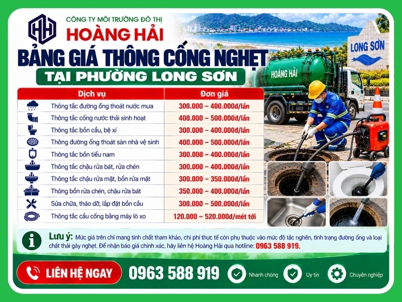 Bảng giá thông cống nghẹt tại Phường Long Sơn mới nhất 