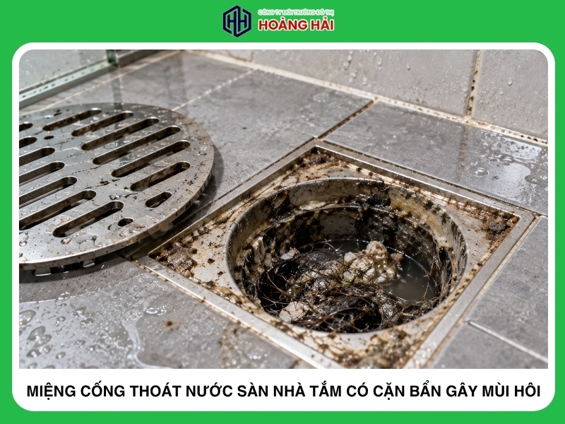 miệng cống thoát nước sàn nhà tắm có cặn bẩn gây mùi hôi