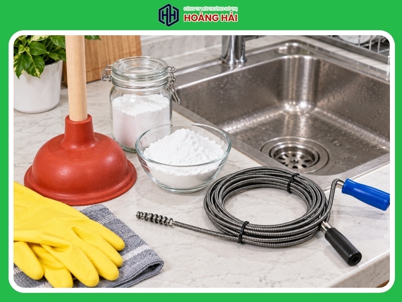 dụng cụ thông tắc bồn rửa bát gồm pít-tông dây lò xo và baking soda