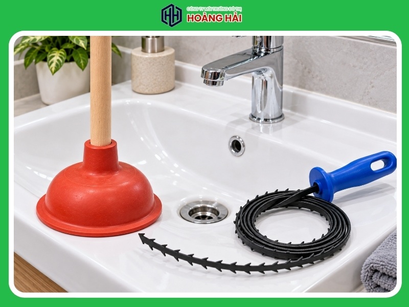 dụng cụ thông tắc lavabo gồm pittong và que xương cá trên nền bồn rửa