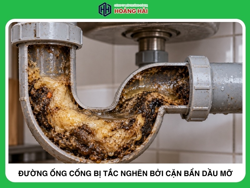đường ống cống bị tắc nghẽn bởi cặn bẩn dầu mỡ 