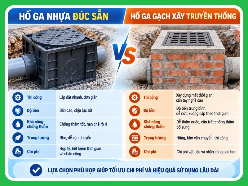 so sánh hố ga nhựa đúc sẵn và hố ga gạch xây truyền thống