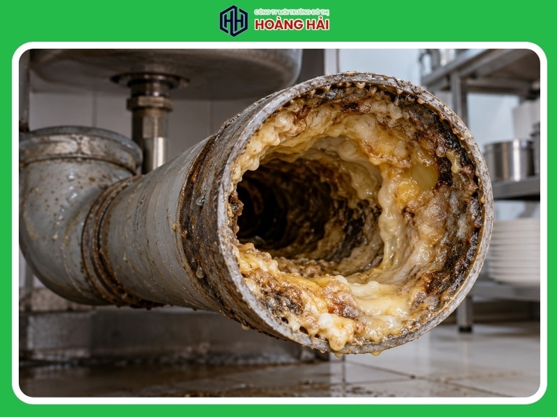 ầu mỡ đông đặc bám trong thành ống cống thoát nước nhà bếp