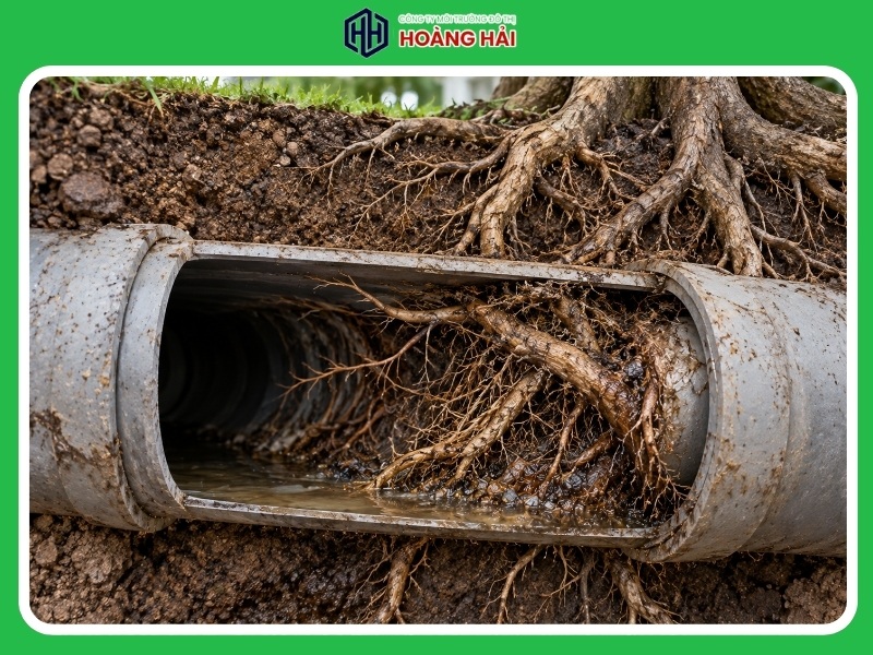 rễ cây xâm nhập và phát triển bên trong đường ống cống ngầm