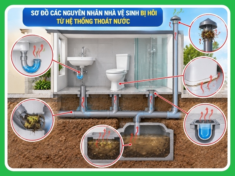 sơ đồ các nguyên nhân nhà vệ sinh bị hôi từ hệ thống thoát nước bên dưới