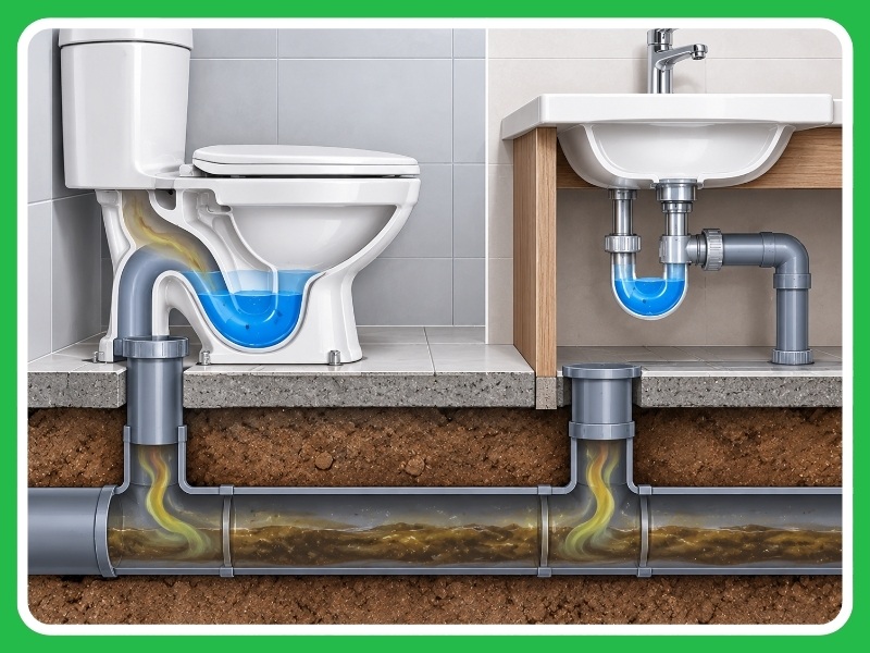 mặt cắt hệ thống xi phông bẫy nước ngăn mùi hôi dưới bồn cầu và lavabo