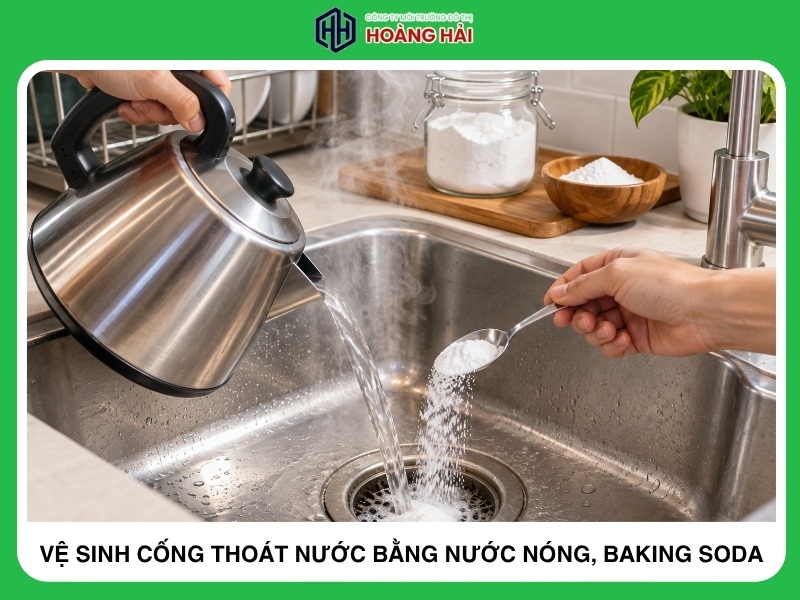vệ sinh cống thoát nước nhà bếp bằng nước nóng và baking soda